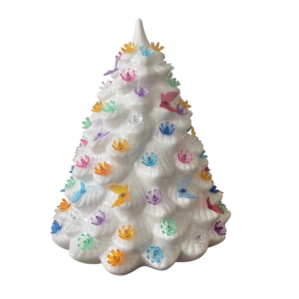 Atlantic 13" Ceramic Christmas Tree‎ White Flower Butterfly Bulbs No Base/Light